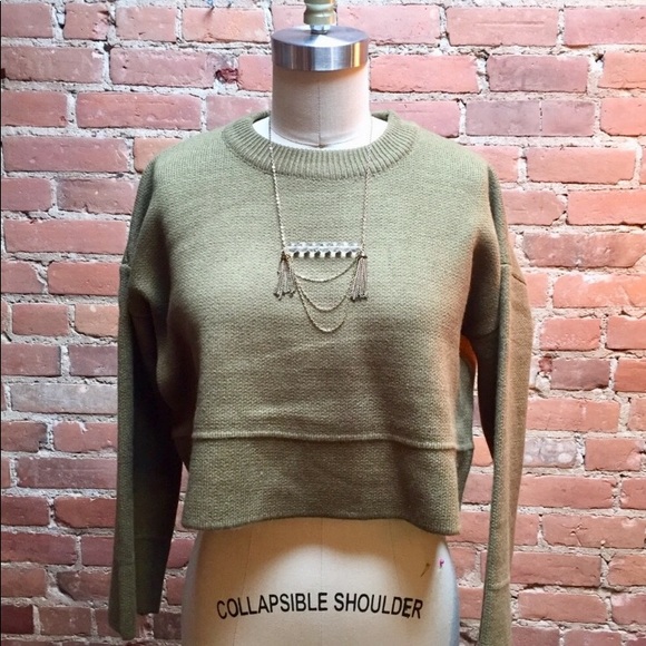 Shaci Sweaters - NEW SHACI Olive Collared Crop Knit Sweater